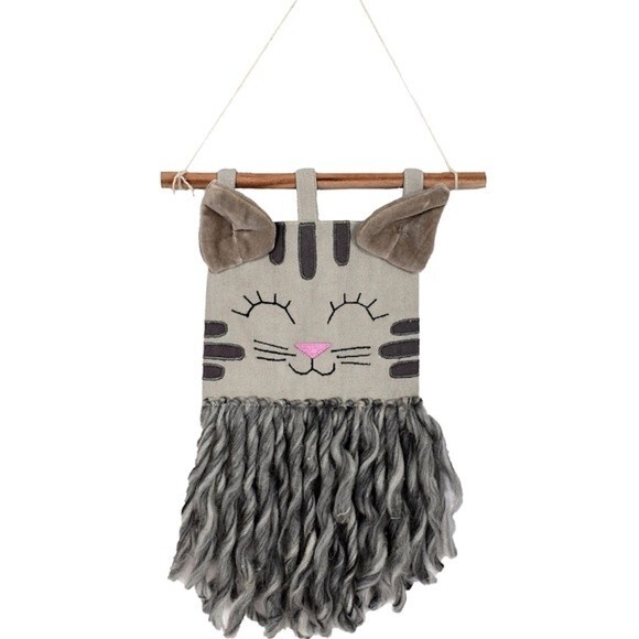 CAT Wall Hanging Textured Animal Natural Room Decor Gray Kitten Wall Art boho - Picture 2 of 10